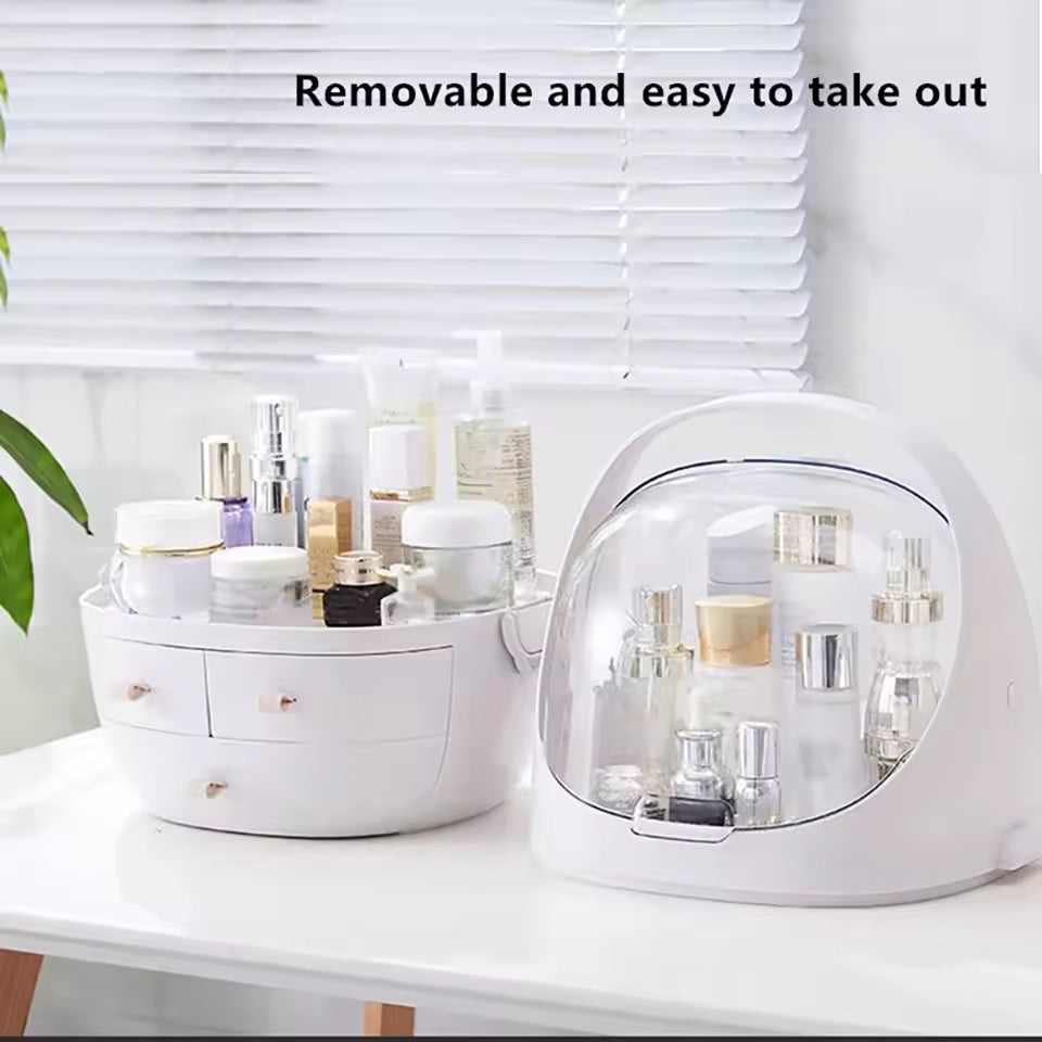 Portable makeup organizer with drawers in white, holding various skincare and cosmetic bottles