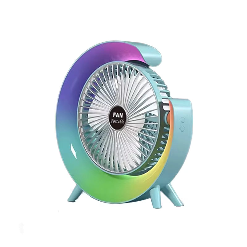 Clarify.pk portable marquee fan with night light featuring a colorful circular design and compact stand