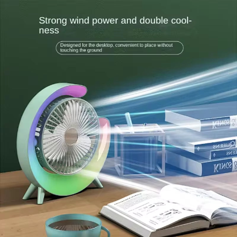 Portable marquee fan with night light on desk blowing strong wind next to books and coffee cup