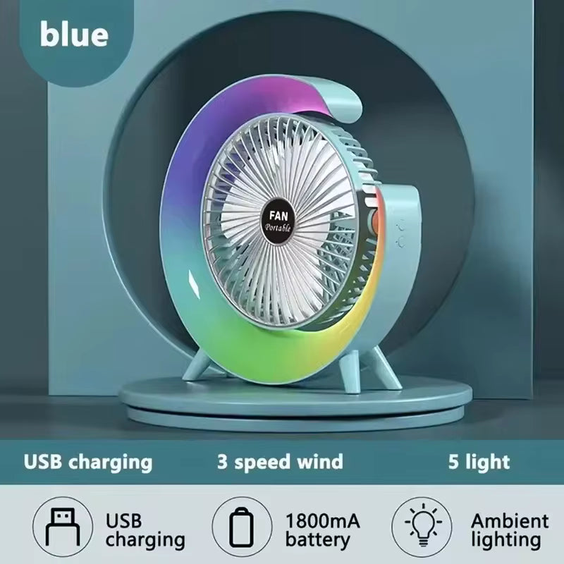 Blue portable marquee fan with night light featuring USB charging, 3 speed wind, and ambient lighting