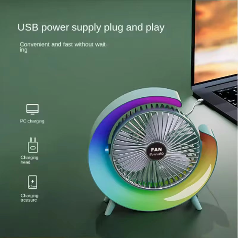 Portable marquee fan with night light USB powered connected to laptop for cooling