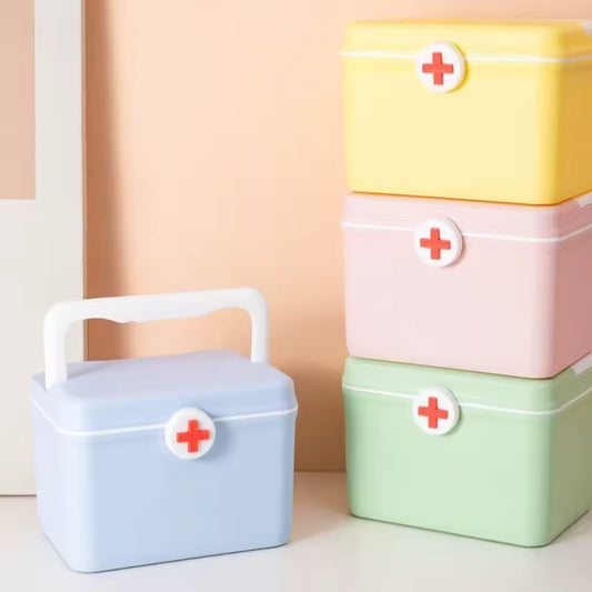 Colorful portable medicine chest with handle in blue yellow pink and green for organized first aid storage