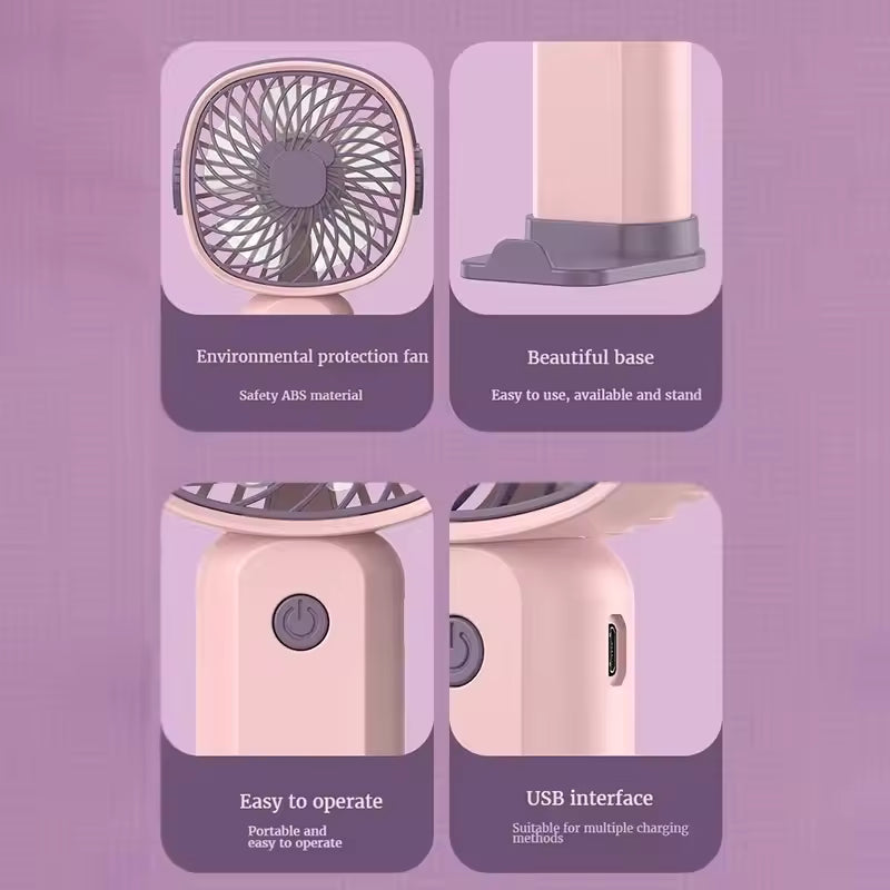 Portable mini fan USB rechargeable in pink with easy operate button and USB interface by Clarify.pk