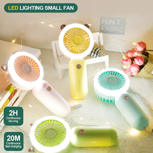 Clarify.pk portable mini fan USB rechargeable with LED lighting in multiple pastel colors