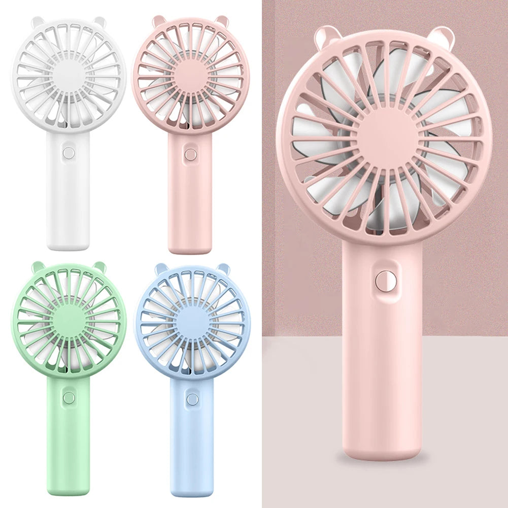 Clarify.pk portable mini fan USB rechargeable in white pink green and blue with compact handheld design