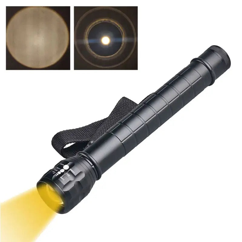 Portable outdoor flashlight for camping with black body and adjustable beam light focus