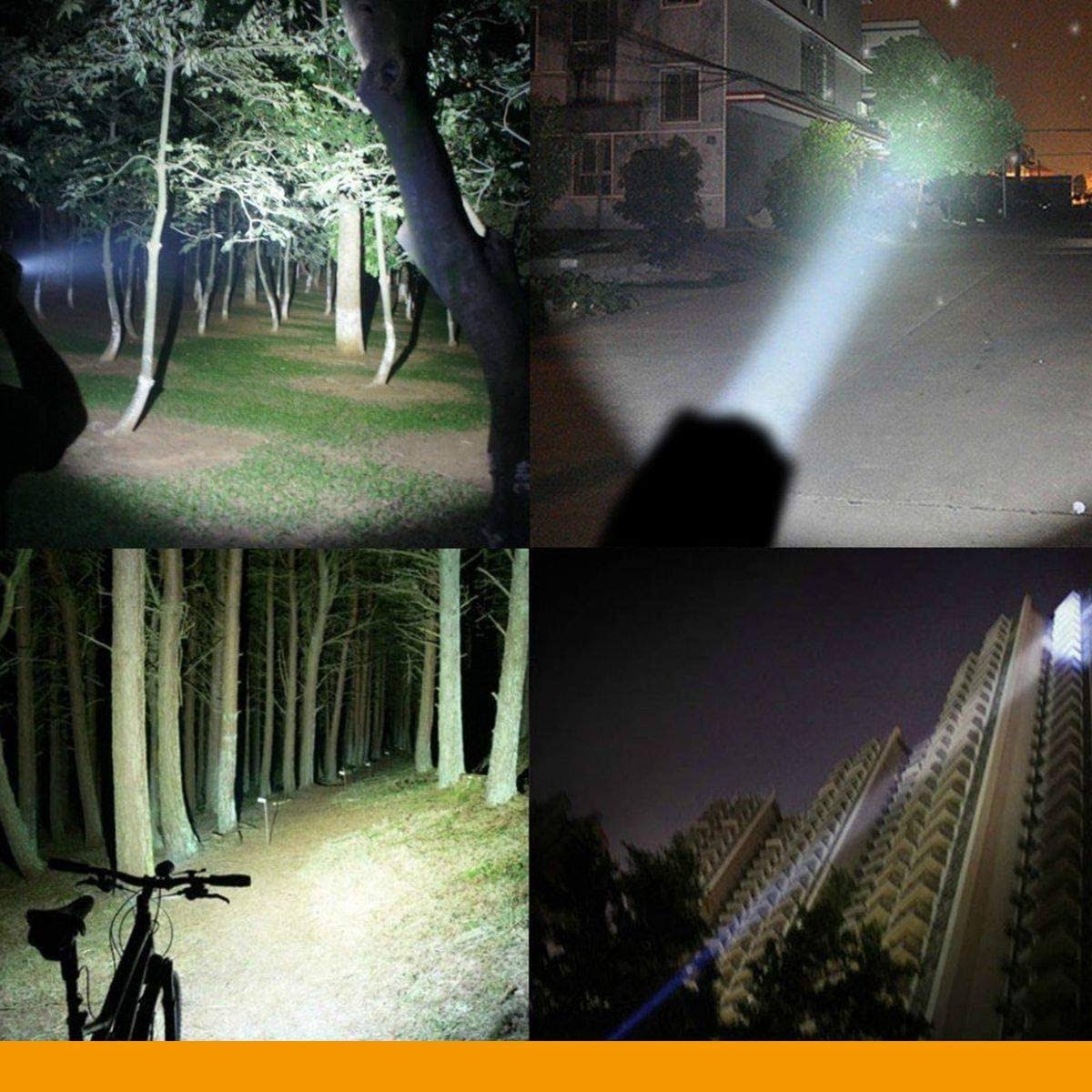 Bright beam of portable outdoor flashlight for camping illuminating trees, paths, and buildings at night