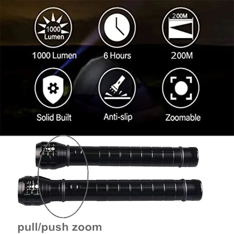 Clarify.pk portable outdoor flashlight for camping with 1000 lumen brightness 6 hours runtime and zoomable design