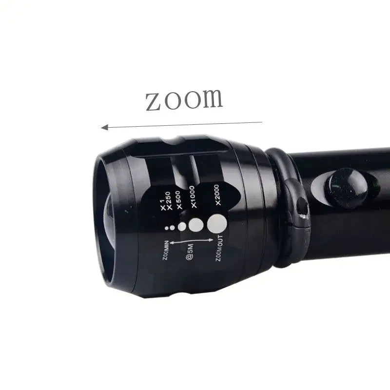 Black portable outdoor flashlight for camping with adjustable zoom and multiple light settings