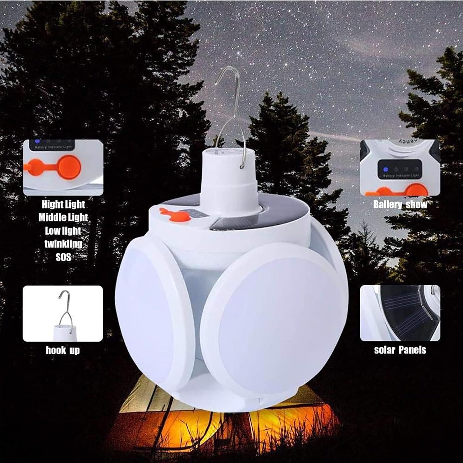 Clarify.pk portable rechargeable led lantern with solar panels and multiple light modes hanging outdoors