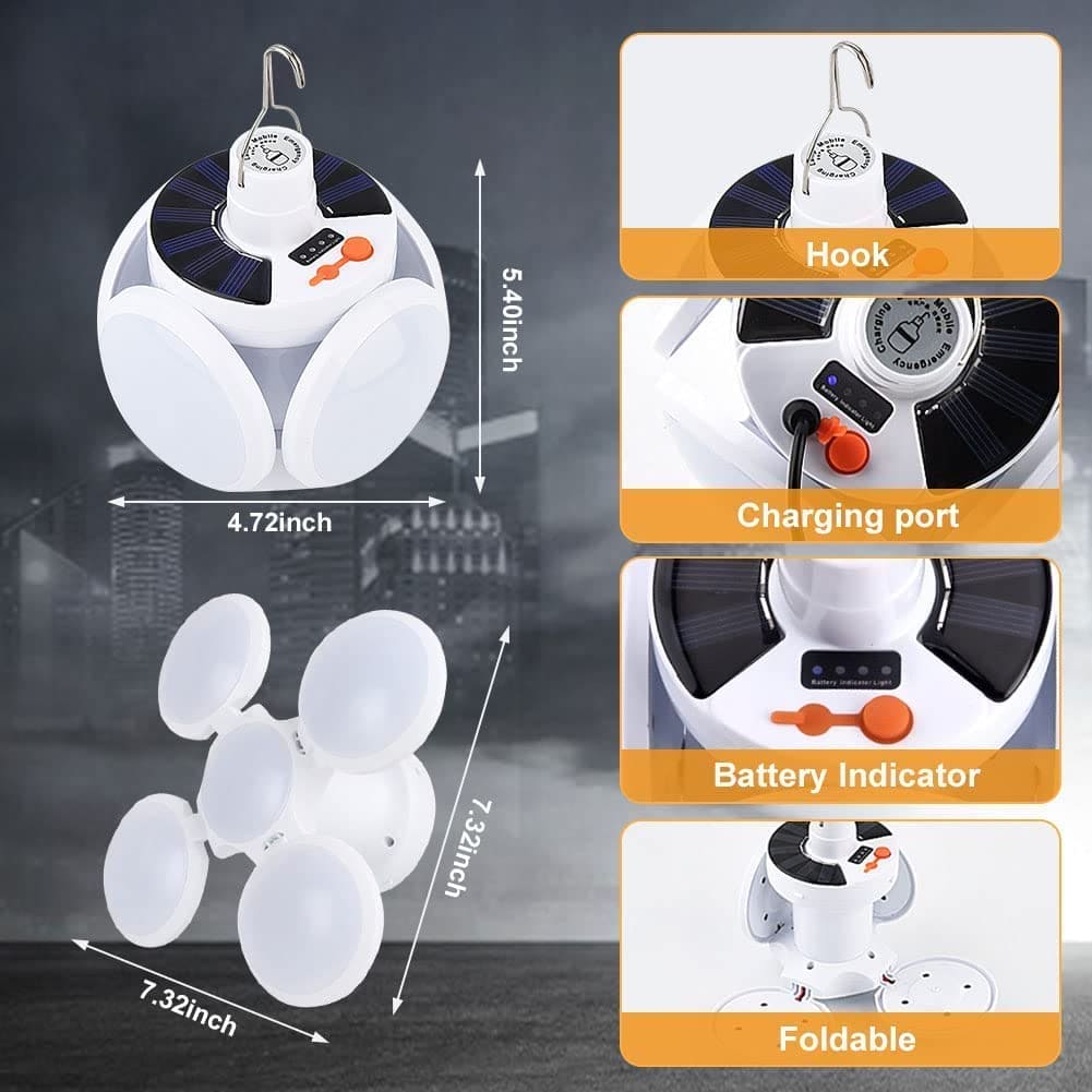 Portable rechargeable LED lantern with hook, charging port, battery indicator, and foldable design by Clarify.pk