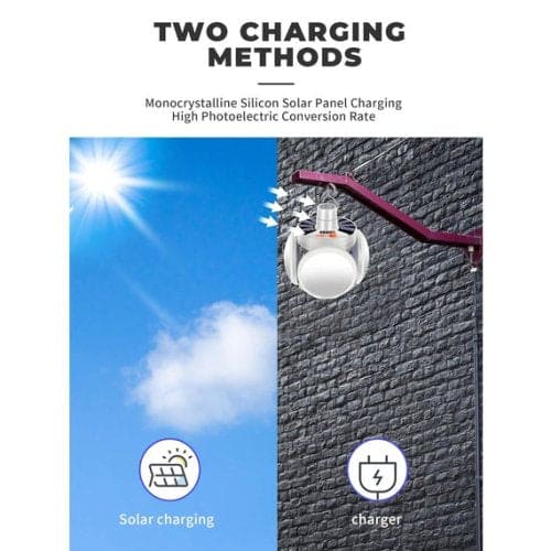 Portable rechargeable LED lantern showing two charging methods solar charging and charger option