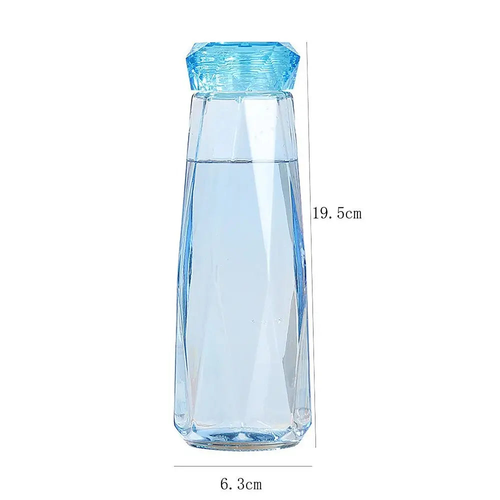 Clear portable sport drink bottle with blue cap measuring 19.5 cm height and 6.3 cm width