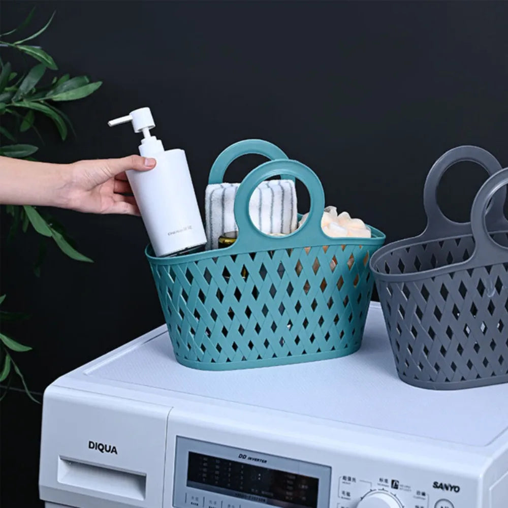 Clarify.pk portable storage basket in teal with handles holding toiletries on a washing machine