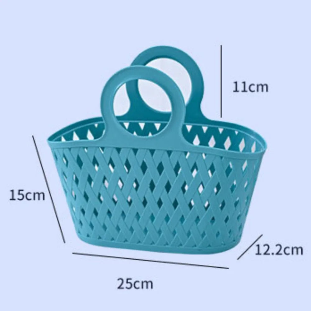 Clarify.pk blue portable storage basket with circular handles and basket dimensions shown