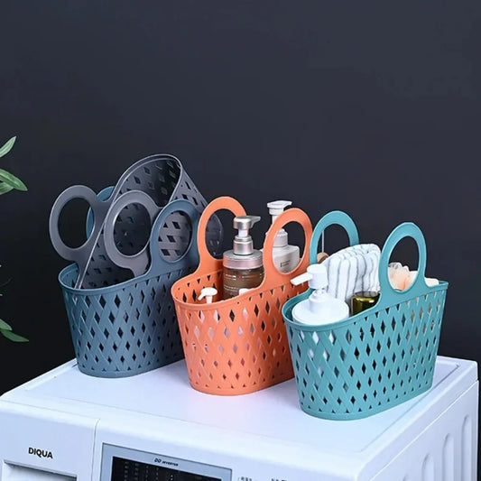 Clarify.pk portable storage basket set in blue gray, orange, and teal holding toiletries and towels