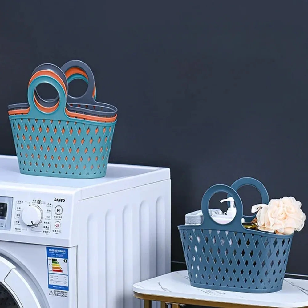 Clarify.pk blue plastic portable storage basket with circular handles for home organization