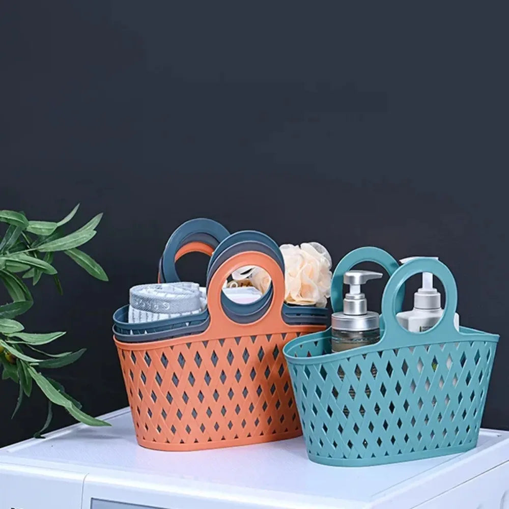 Clarify.pk portable storage baskets in orange and teal with round handles and diamond-shaped cutouts