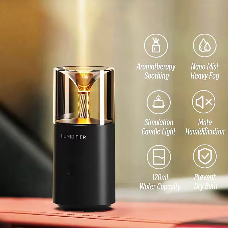 Clarify.pk portable USB aroma humidifier with nano mist, candle light simulation, and 120ml water capacity