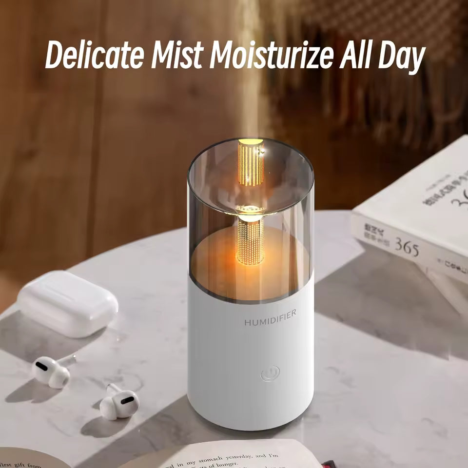 Compact portable USB aroma humidifier emitting delicate mist on a marble table for all-day moisturizing