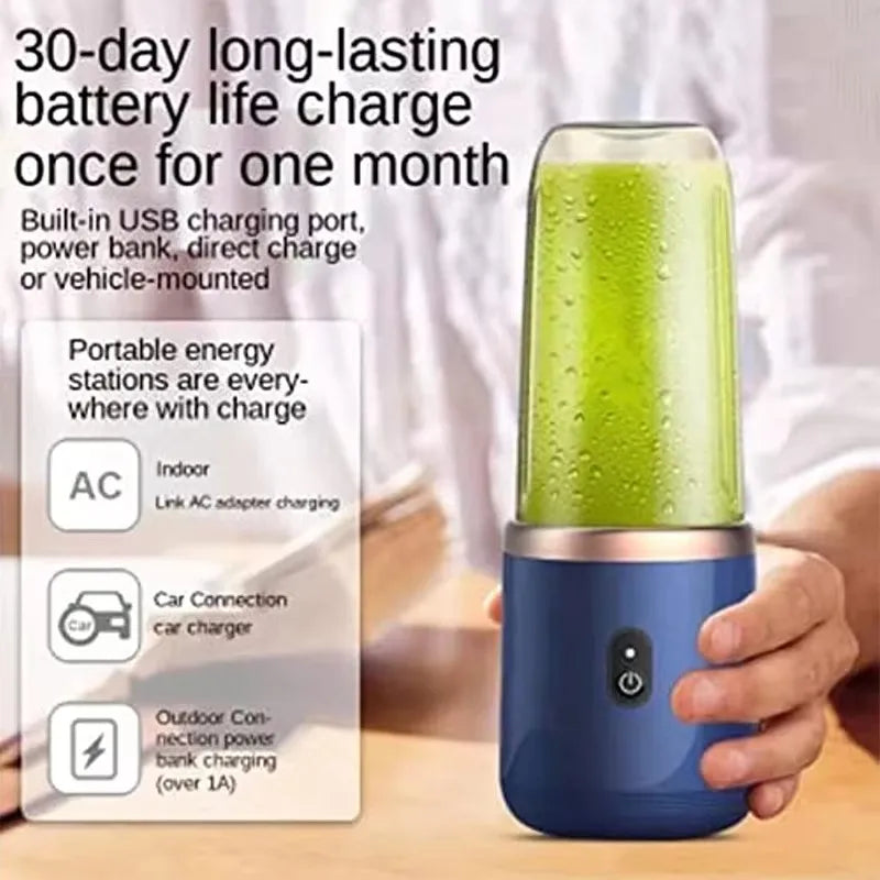 Portable USB juicer blender with 30-day battery life and built-in USB charging port in blue