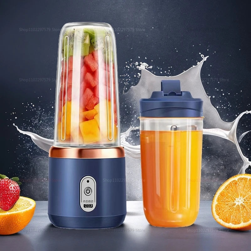 Clarify.pk portable USB juicer blender in blue with fresh fruit and juice cup with splash background