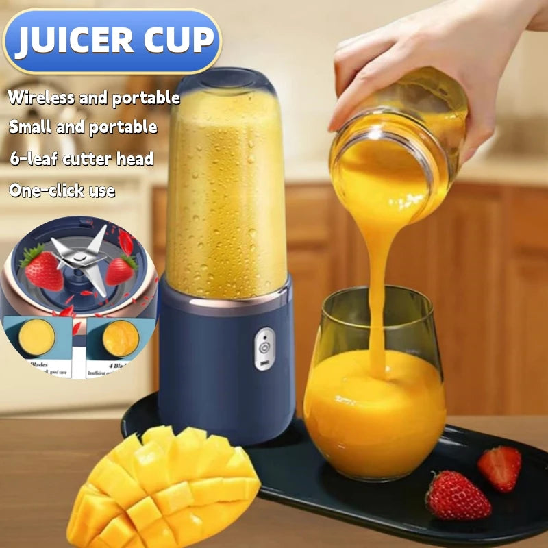 Portable USB juicer blender with wireless design blending orange juice into glass on kitchen table