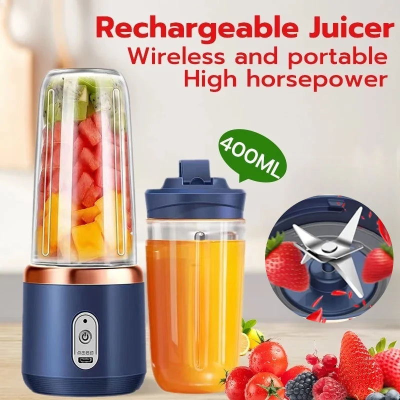Rechargeable portable USB juicer blender with 400ML capacity and high horsepower, featuring wireless design with fresh fruit