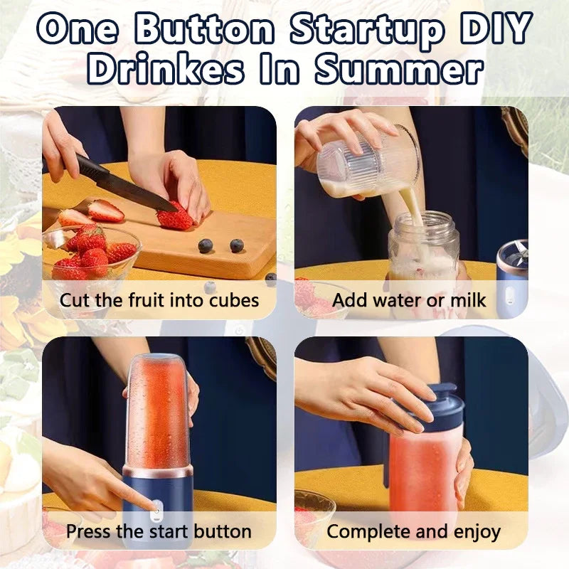 Step-by-step use of portable USB juicer blender cutting fruit adding milk pressing start and drinking smoothie