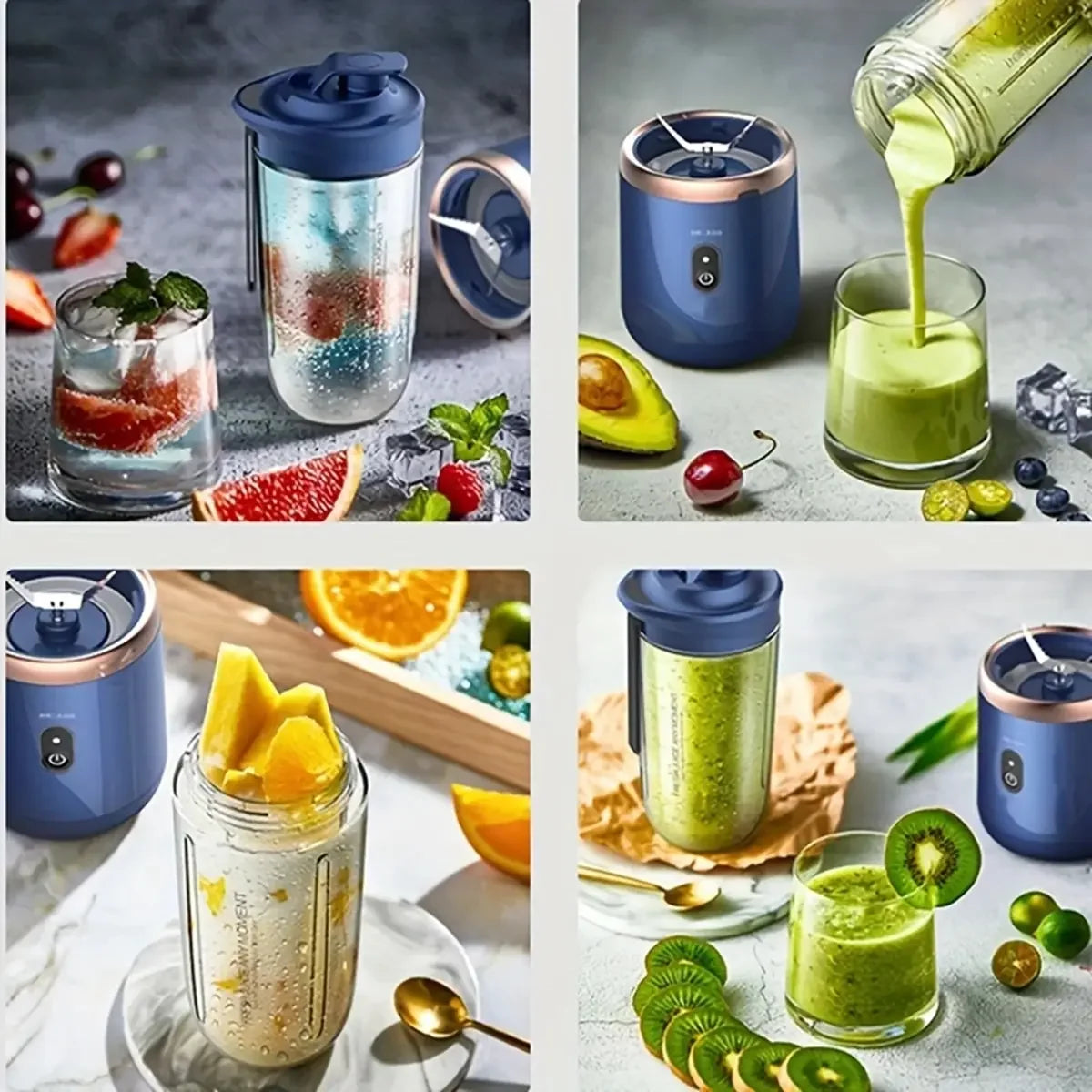 Clarify.pk blue portable USB juicer blender with fruits making fresh green and tropical smoothies