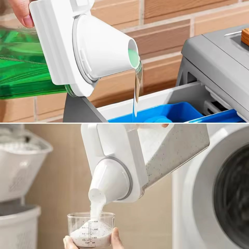 Clarify.pk portable washing powder dispenser pouring detergent into washing machine and measuring cup