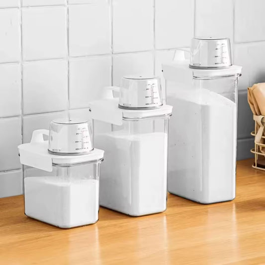 Clarify.pk portable washing powder dispenser set of three white storage boxes with measuring caps