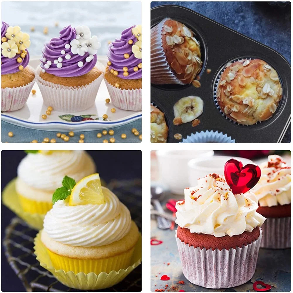 6 cup cupcake baking tray with assorted decorated cupcakes featuring purple, lemon, and red velvet flavors