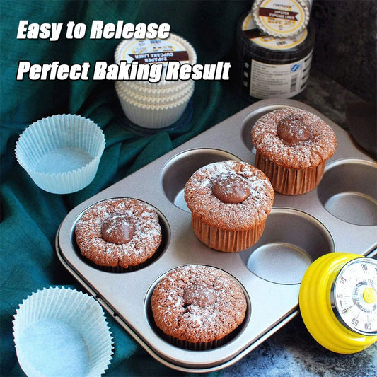 6 cup cupcake baking tray from Clarify.pk with freshly baked chocolate muffins and paper liners