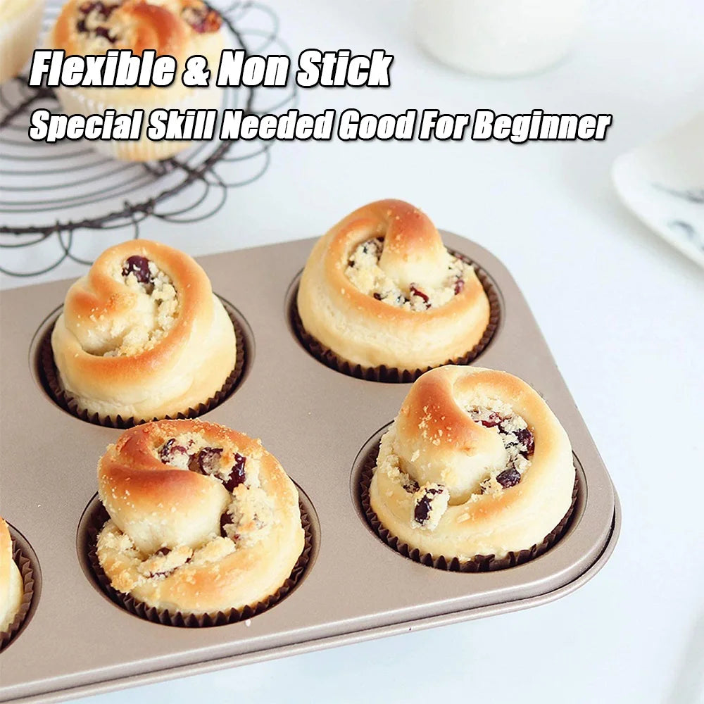 6 cup cupcake baking tray by Clarify.pk with non-stick flexible muffin pans filled with freshly baked rolls