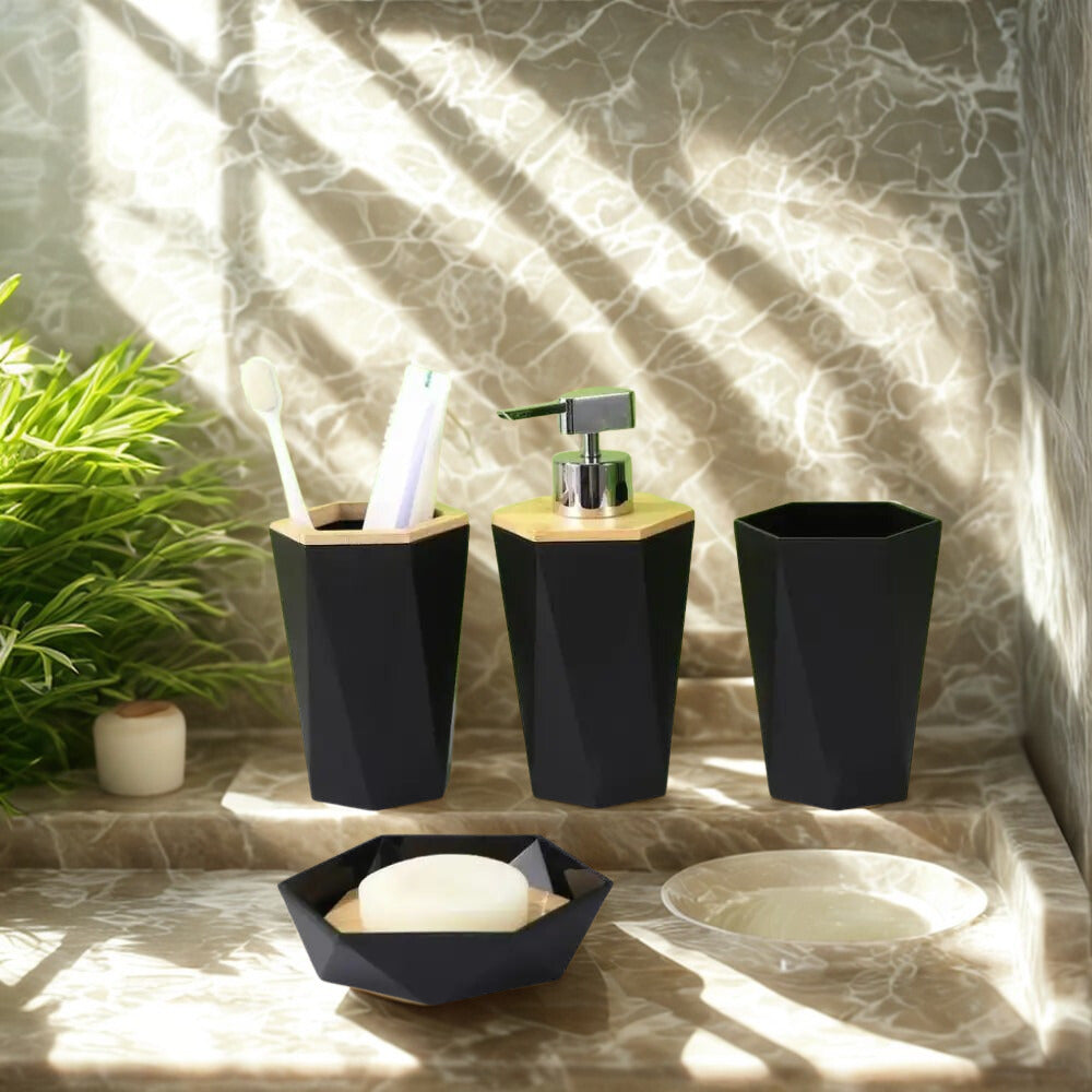 Premium 6 piecea bathroom accessories set in black with gold accents including soap dispenser and holders