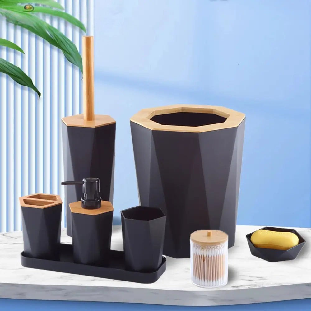 Clarify.pk premium 6 piecea bathroom accessories set in black and wood finish with soap dispenser, brush holder, and waste bin
