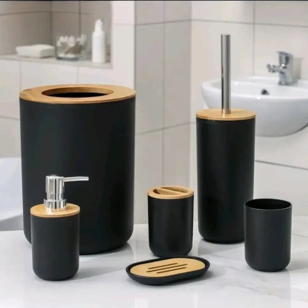 Clarify.pk premium 6 piecea bathroom accessories set in black and wood finish with soap dispenser and waste bin