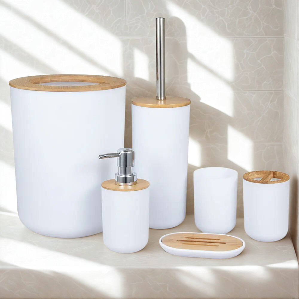 Clarify.pk premium 6 piecea bathroom accessories set with white and bamboo wood design