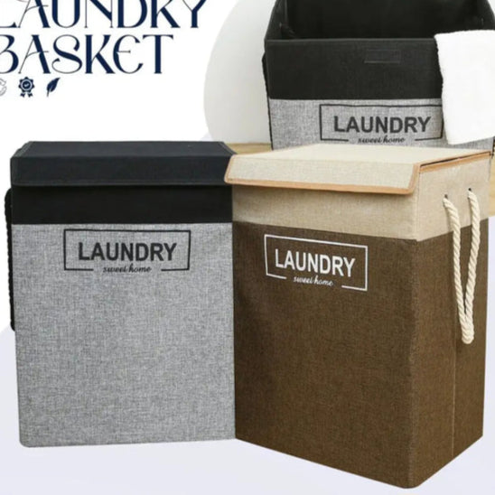 Clarify pk premium laundry basket with lid in gray brown and black fabric with handles and printed laundry text