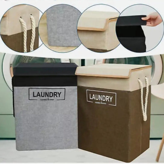 Clarify.pk premium laundry basket with lid in grey and brown featuring sturdy rope handles and durable fabric