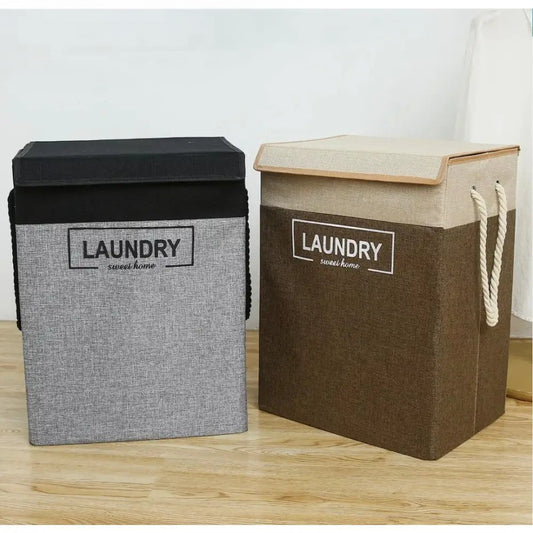 Clarify.pk premium laundry basket with lid in grey and brown fabric with rope handles for home organization