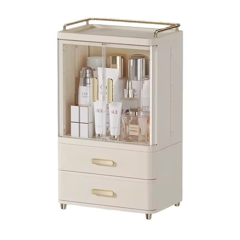 Clarify.pk premium makeup organizer box with clear doors and gold handles for elegant cosmetic storage