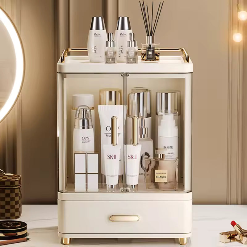 Clarify.pk premium makeup organizer box with transparent compartments and gold accents for elegant storage