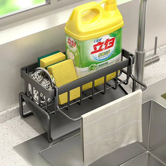 Clarify.pk premium stainless steel sponge holder sink drain rack with towel bar and kitchen cleaning supplies