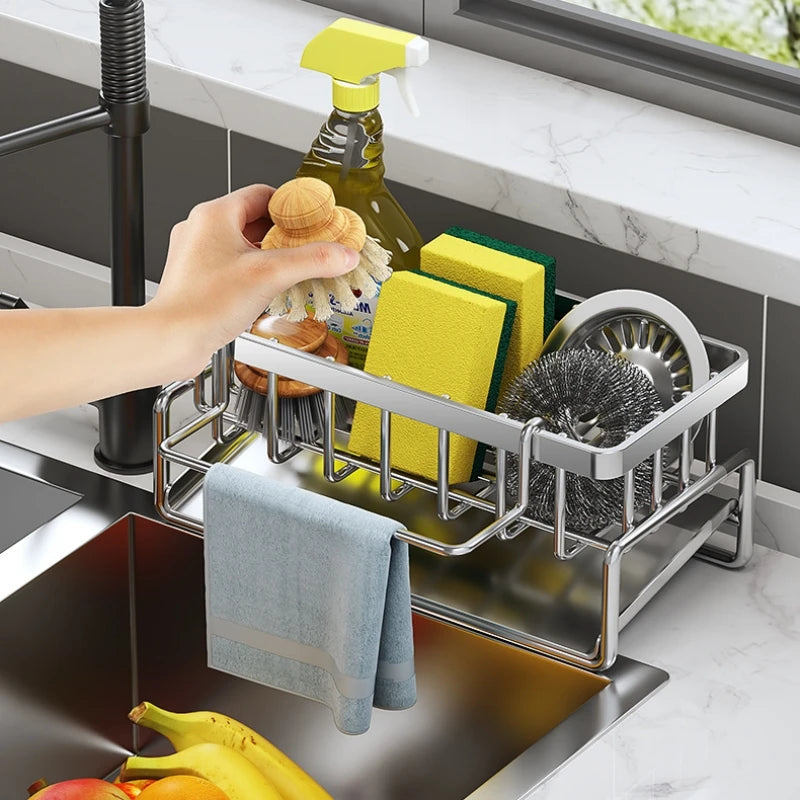 Premium stainless steel sponge holder sink drain rack with towel bar and dishwashing accessories