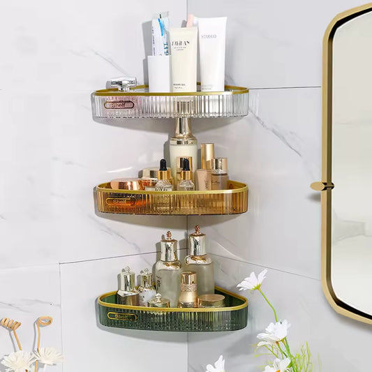 Clarify.pk premium wall mount shelf set with three tiers holding skincare and beauty products in bathroom corner