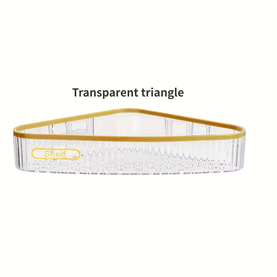 Transparent triangle premium wall mount shelf with gold trim for corner storage and display
