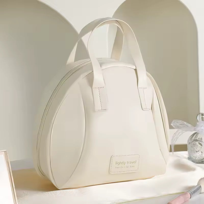 Elegant white PU leather cosmetic bag for women with double handles and rounded design