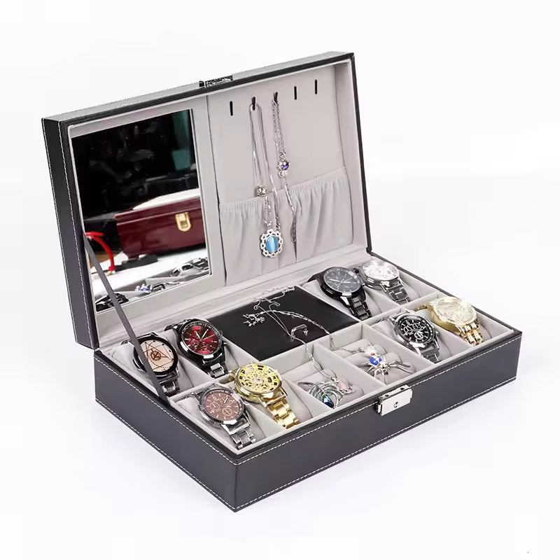 PU leather watch box with multiple compartments and mirror for organizing watches and jewelry